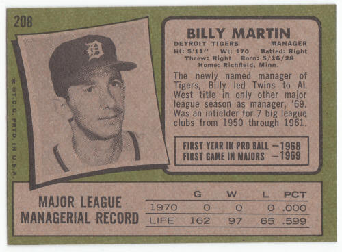 1971 Topps Billy Martin #208 back