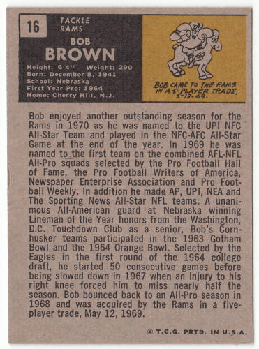 1971 Topps Football #16 Bob Brown back