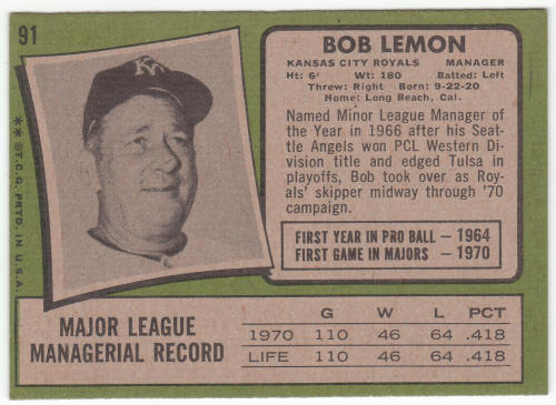 1971 Topps #91 Bob Lemon back