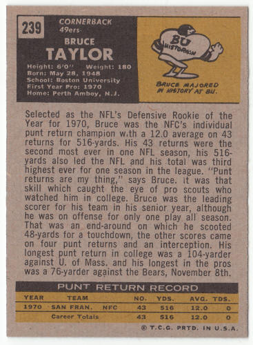 1971 Topps #239 Bruce Taylor Rookie Card back