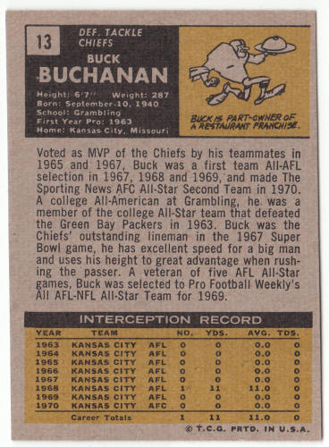 1971 Topps Football #13 Buck Buchanan back