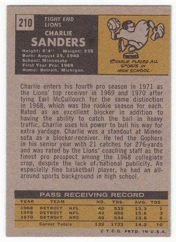 1971 Topps Football Charlie Sanders #210 rookie back