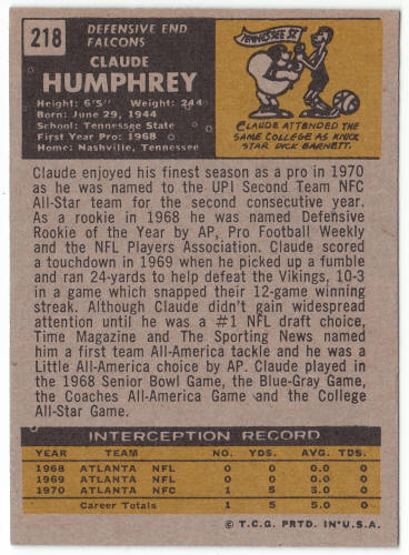 1971 Topps Football #218 Claude Humphrey back