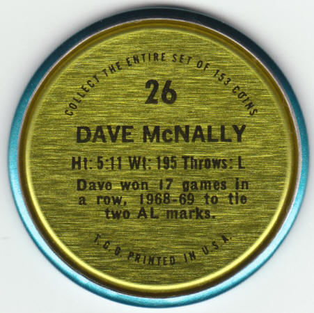 1971 Topps Baseball Dave McNally #26 Insert Coin