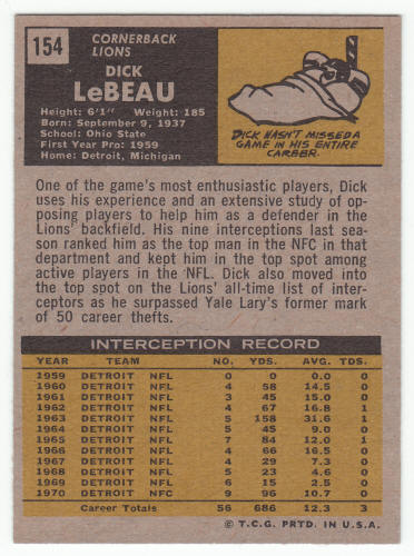 1971 Topps Football #154 Dick LeBeau back
