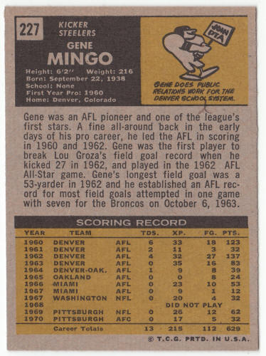 1971 Topps Football #227 Gene Mingo