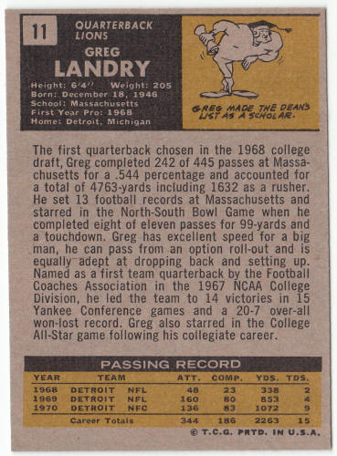 1971 Topps Football #11 Greg Landry Rookie Card back
