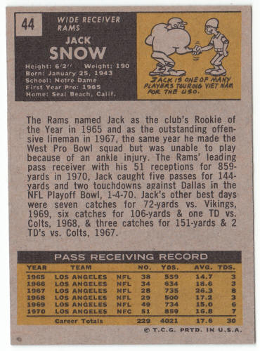1971 Topps Football #44 Jack Snow back