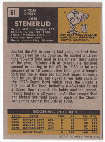 1971 Topps Football #61 Jan Stenerud back
