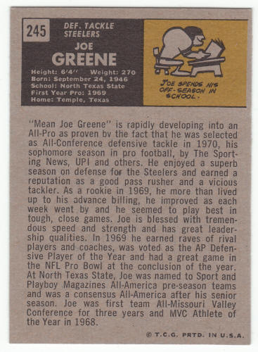 1971 Topps Football Joe Greene #245 rookie back