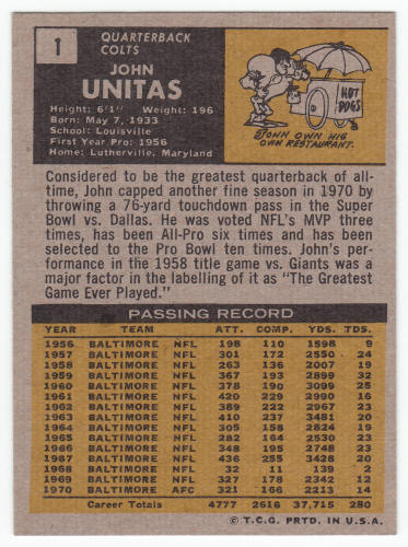 1971 Topps Football Johnny Unitas #1 back