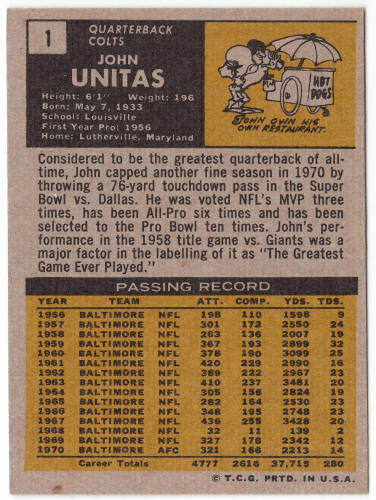 1971 Topps Football #1 Johnny Unitas