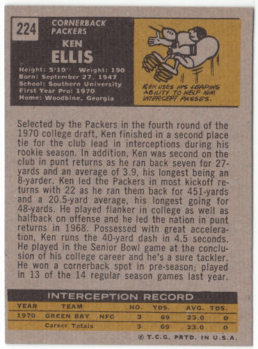 1971 Topps Football #224 Ken Ellis Rookie Card