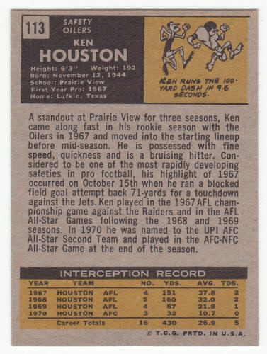 1971 Topps Football Ken Houston #113 back
