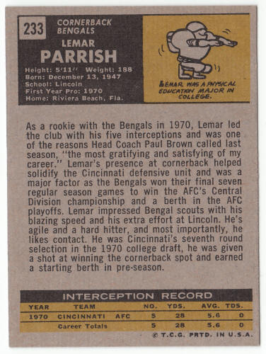 1971 Topps #233 Lemar Parrish Rookie Card back