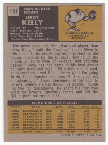 1971 Topps Football Leroy Kelly #157 back