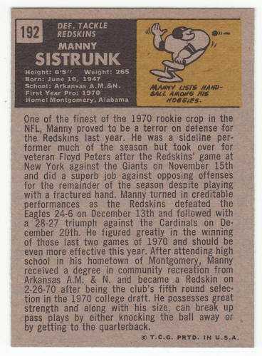 1971 Topps Football #192 Manny Sistrunk rookie card back