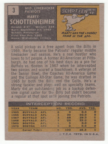 1971 Topps Football Marty Schottenheimer #3 back