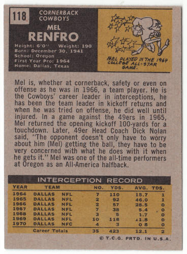 1971 Topps #118 Mel Renfro back