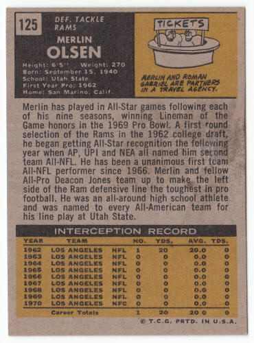 1971 Topps #125 Merlin Olsen back
