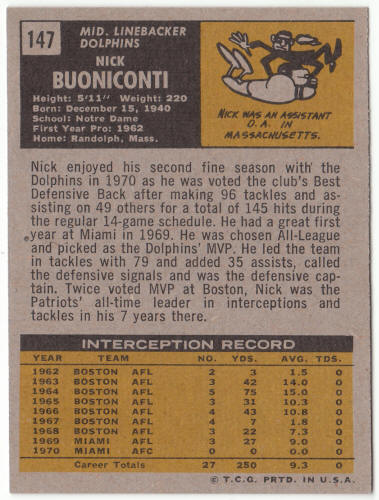 1971 Topps Football #147 Nick Buoniconti