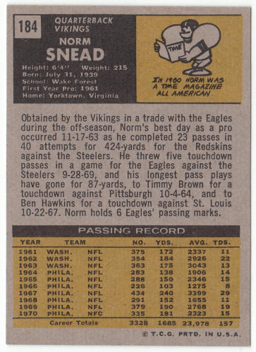 1971 Topps Football #184 Norm Snead back