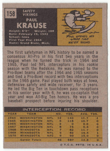 1971 Topps Football #158 Paul Krause back