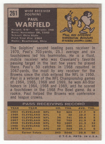 1971 Topps Football Paul Warfield #261 back