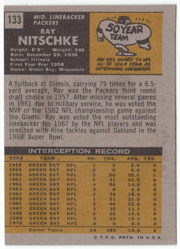 1971 Topps Football #133 Ray Nitschke