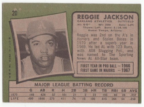 1971 Topps #20 Reggie Jackson baseball card back