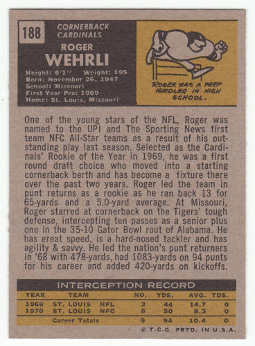 1971 Topps Football Roger Wehrli #188 rookie back