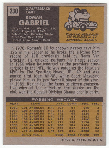 1971 Topps Roman Gabriel #230 back