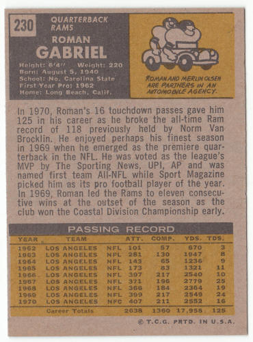 1971 Topps #230 Roman Gabriel back