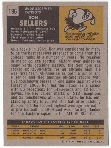 1971 Topps #196 Ron Sellers Rookie Card back