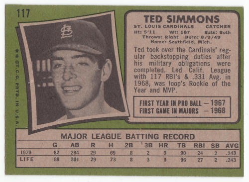 1971 Topps Ted Simmons Rookie Card #117 back