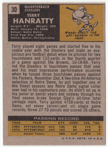 1971 Topps Football #30 Terry Hanratty Rookie Card back