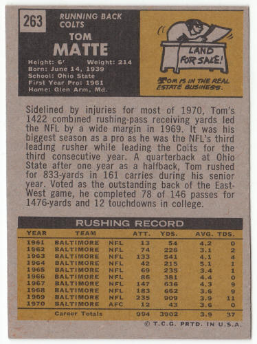 1971 Topps Football #263 Tom Matte