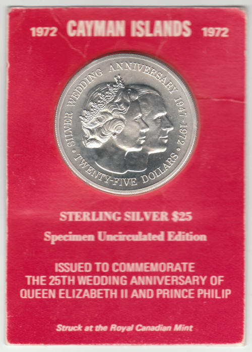 1972 Cayman Islands $25 Silver Coin Reverse