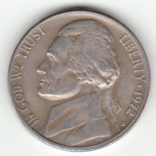 1972-D US Jefferson Nickel With Rim Finning Obverse