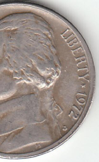 1972-D US Jefferson Nickel With Rim Finning Obverse Close-up