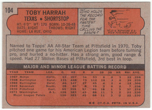 1972 Topps Baseball #104 Toby Harrah Rookie Card