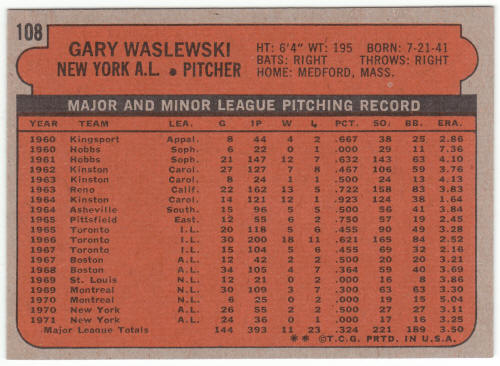 1972 Topps Baseball #108 Gary Waslewski