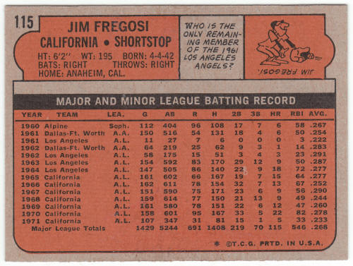 1972 Topps Baseball #115 Jim Fregosi