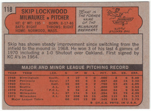 1972 Topps Baseball #118 Skip Lockwood