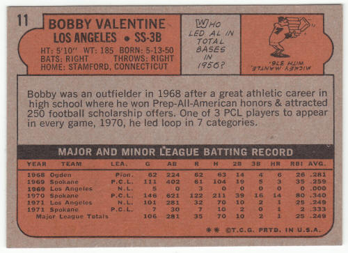 1972 Topps Baseball #11 Bobby Valentine
