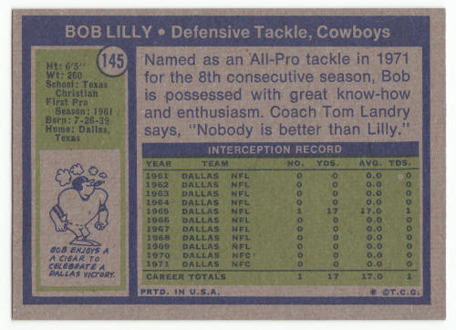 1972 Topps Bob Lilly #145 back