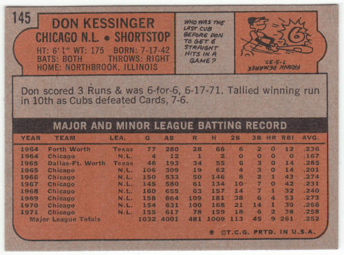 1972 Topps Baseball #145 Don Kessinger