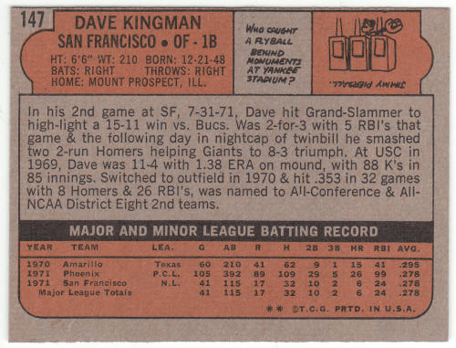 1972 Topps Baseball #147 Dave Kingman Rookie Card