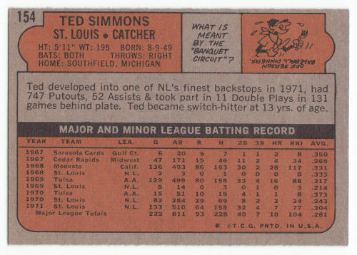 1972 Topps #154 Ted Simmons baseball card back