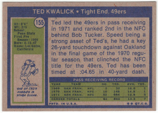 1972 Topps Football #155 Ted Kwalick Rookie Card